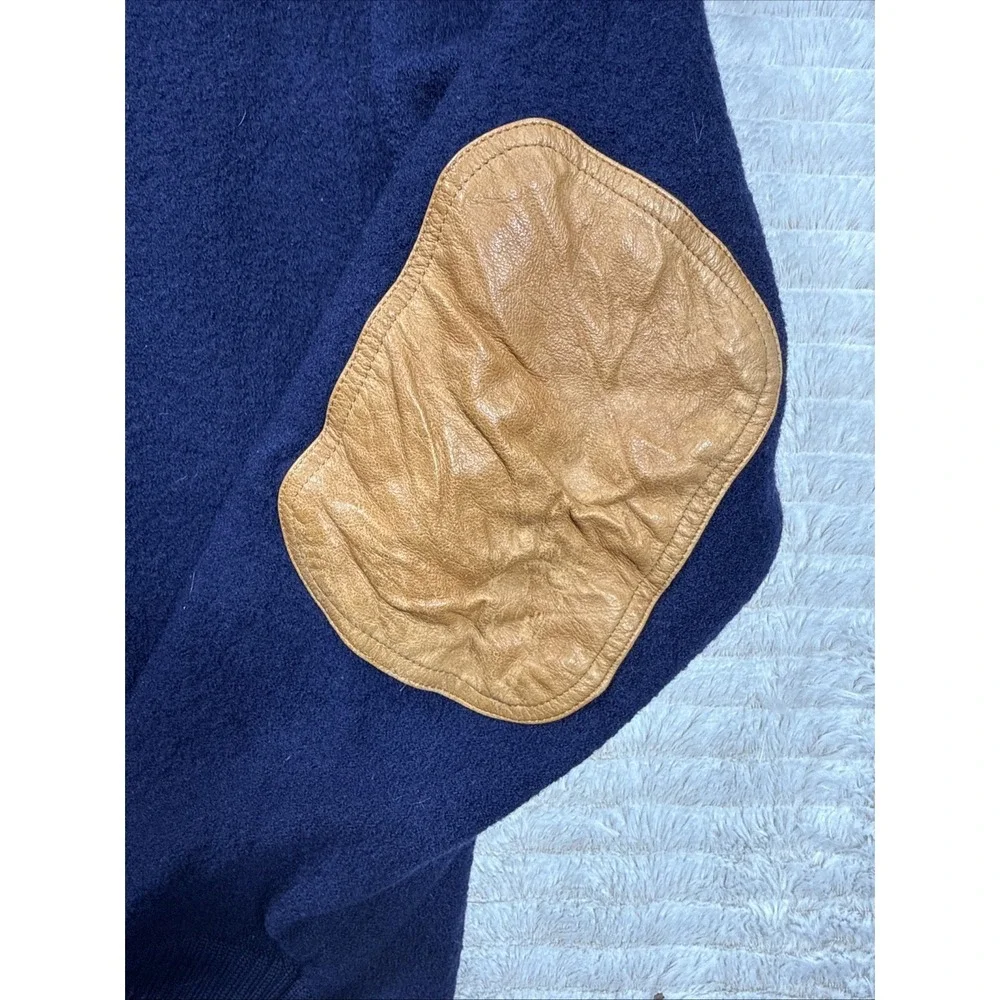 Orvis Vintage 100% Wool T Snap Sweater L‎ Leather Elbow Patch Pullover Blue